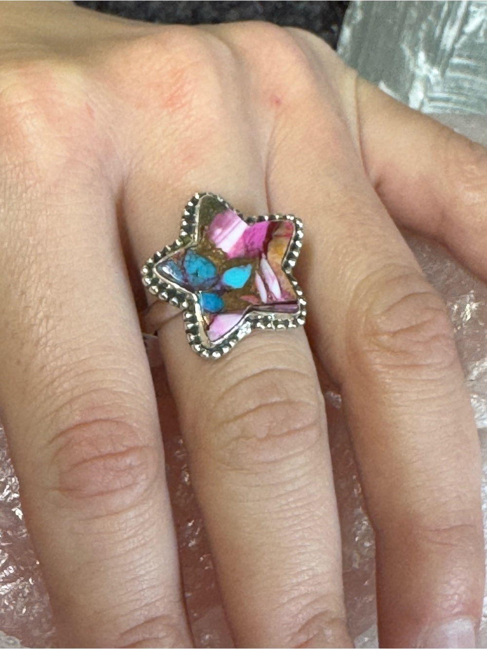 Pink Spiny Oyster Turquoise Dahlia Sterling Silver Star Ring - Size 7.75 - 8
